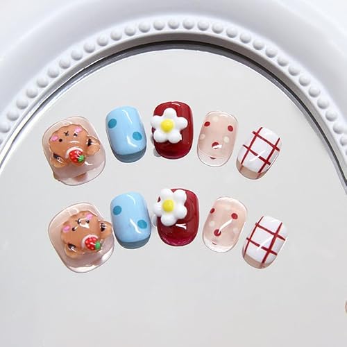 Handgefertigte Kinder Press on Nails Kurz MouyouGlow,Children Cute Kawaii Anime 3D Blumen Bär Gepunktet Y2K Fake Nails mit Nagelkleber Aufkleber,Kids Acryl Künstliche Children's Fingernails-CH12 von MouyouGlow