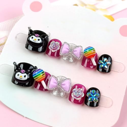 Handgefertigte Kinder Press on Nails Kurz MouyouGlow,Children Cute Kawaii Carton 3D Black Kuro mi Bow Y2K Blumen Lutscher Schwarz Fake Nails,Kids Acryl Künstliche Fingernägel für Teenager 10Pcss-CH25 von MouyouGlow
