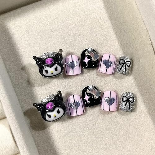 Handgefertigte Kinder Press on Nails Kurz MouyouGlow,Children Cute Kawaii Carton 3D Bow Kuro mi Herz Glitzer Fake Nails mit Nagelkleber Aufkleber,Kids Acryl Künstliche Children's Fingernails-CH13 von MouyouGlow