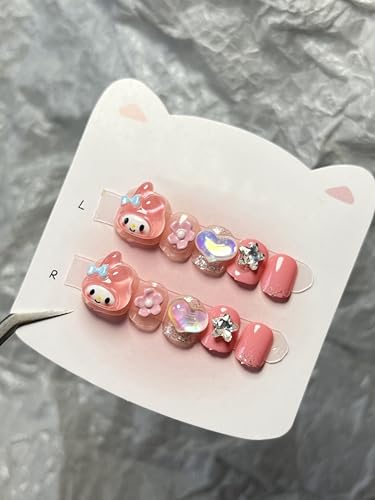 Handgefertigte Kinder Press on Nails Kurz MouyouGlow,Children Cute Kawaii Carton 3D Bow Me Lody Herz Sterne Fake Nails mit Nagelkleber Aufkleber,Kids Acryl Künstliche Children's Fingernails-CH14 von MouyouGlow