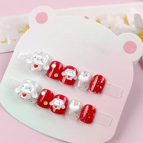 Handgefertigte Kinder Press on Nails Kurz MouyouGlow,Children Cute Kawaii Carton 3D Cinna moroll Strass Herz Y2K Fake Nails,Sweet Kids Acryl Künstliche Fingernägel für Mädchen Teenager 10Pcs-CH23 von MouyouGlow