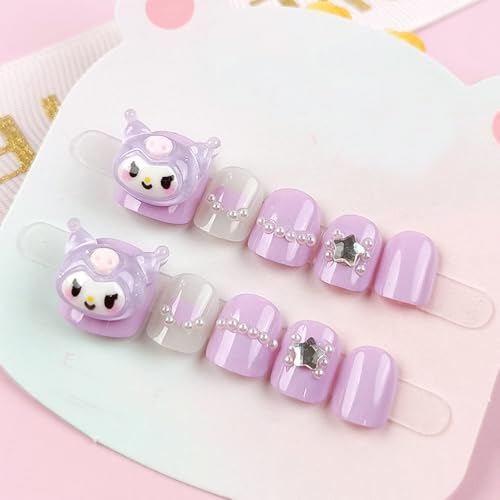Handgefertigte Kinder Press on Nails Kurz MouyouGlow,Children Cute Kawaii Carton 3D Kuro mi Sterne Y2K Pearl Fake Nails mit Nagelkleber Aufkleber,Kids Acryl Fingernägel für Teenager 10Pcs -CH18 von MouyouGlow
