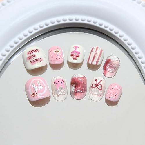 Handgefertigte Kinder Press on Nails Kurz MouyouGlow,Children French Cute Kawaii Anime Bunny Gebäck Schleife Fake Nails mit Nagelkleber Aufkleber,Kids Acryl Künstliche Children's Fingernails-CH15 von MouyouGlow
