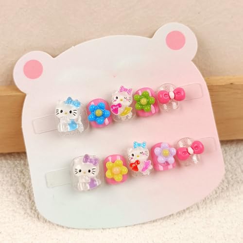 Handgefertigte Kinder Press on Nails Kurz MouyouGlow,Rosa Cute Kawaii Carton 3D Glitzer Kitty Bow Tie Fleurs Y2K Fake Nails,Pink Kids Acryl Künstliche für Teenager 10Pcs Children's Fingernails-CH4 von MouyouGlow