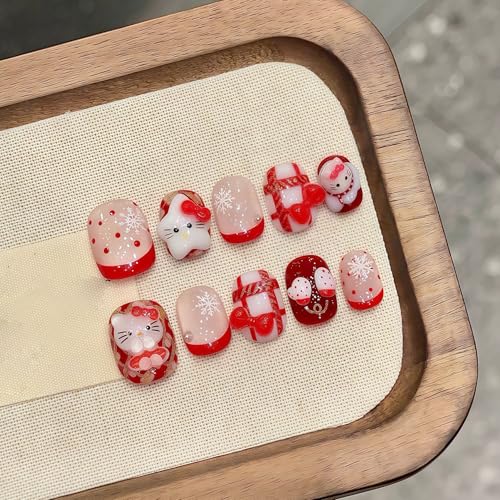 Handgefertigte Press on Nails Kurz MouyouGlow,Square Rund Cute Rot French 3D Kitty Bow Crystal Schneeflocke Christmas XMAS Y2K Winter Resuable Fake Nails,Handmade Künstliche Fingernägel 10Pcs 552-M von MouyouGlow