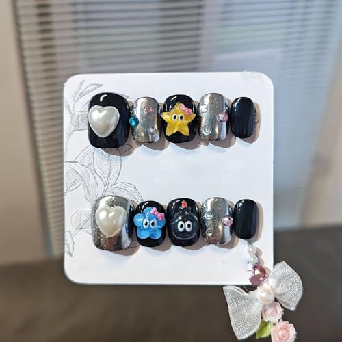Handgefertigte Press on Nails Kurz MouyouGlow,Square Rund Kawaii Cute Schwarz 3D Herz Sterne Bow Colourful Strass Y2K Coquette Mädchen Resuable Fake Nails,Handmade Künstliche Fingernägel 10Pcs 512-M von MouyouGlow