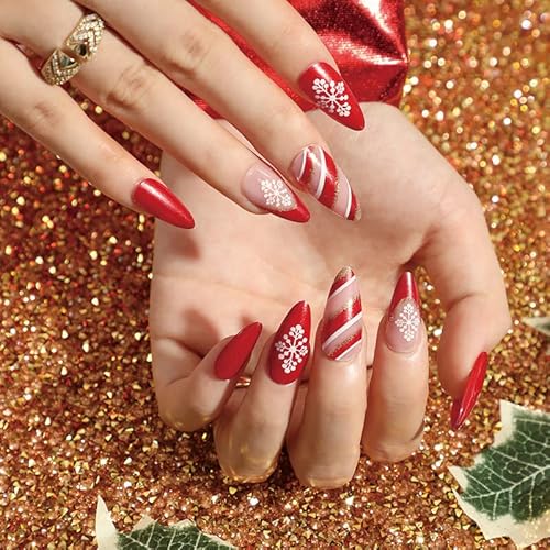 MouyouGlow Press on Nails Mittel,Almond Rot French Zuckerstange Weihnachten Schneeflocke Christmas Neujahr Fake Nails Kunstnägel mit Nagelkleber,Red Silvester New Year Künstliche Fingernägel von MouyouGlow