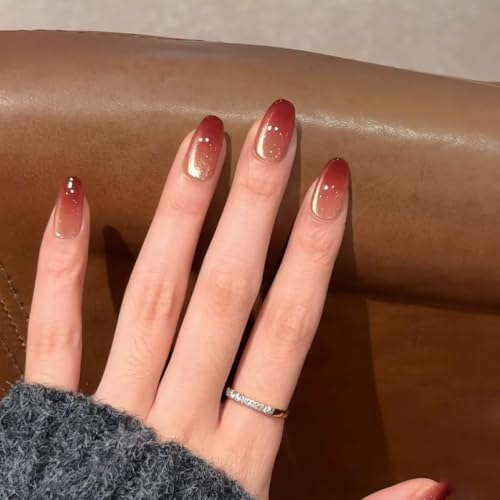 MouyouGlow 30 Pieces Press on Nails Kurz,Almond Gradient Rot Braun Cat Eye Magnetic Fake Nails mit Nagelkleber,Ombre Red Brown Phototherapy Künstliche Fingernägel für Frauen & Mädchen von MouyouGlow