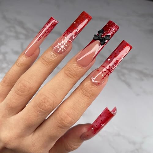 MouyouGlow Press on Nails Extrem Lang,Ballerina Nude Rot French Glitzer 3D Bow Tie Schleife Fliege Weihnachten Schneeflocke Christmas XMAS Fake Nails mit Nagelkleber,Künstliche Fingernägel von MouyouGlow