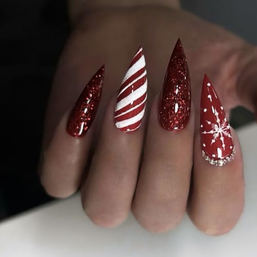 MouyouGlow Press on Nails Kurz,Almond Rot Glitzer Weihnachten Schneeflocke Christmas XMAS Neujahr Crystal Candy Cane Fake Nails mit Nagelkleber,New Year Red Winter Künstliche Fingernägel von MouyouGlow