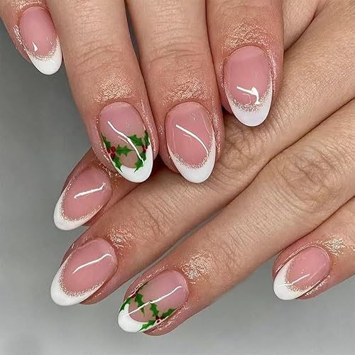 MouyouGlow Press on Nails Kurz,Oval Nude Weiß French Biling Grünes Blatt Weihnachten Neujahr Christmas XMAS Fake Nails mit Nagelkleber,Glänzend White Holiday Künstliche Fingernägel von MouyouGlow