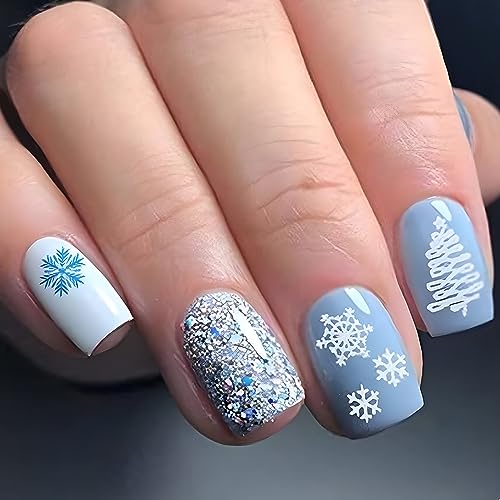 MouyouGlow Press on Nails Kurz,Square Baby Blaue Glitzer Schneeflocke Weihnachten Fake Nails Kunstnägel mit Nagelkleber,Winter Christmas Künstliche Fingernägel von MouyouGlow