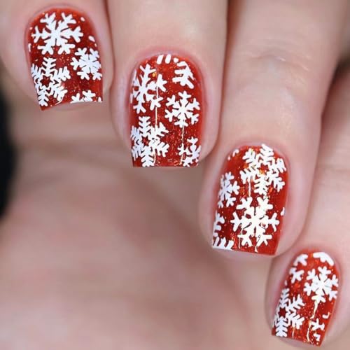 MouyouGlow Press on Nails Kurz,Square Orange Rot Glitzer Schneeflocke Christmas XMAS Neujahr Fake Nails Kunstnägel mit Nagelkleber,Snow Red Winter Künstliche Fingernägel von MouyouGlow