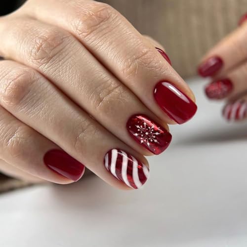 MouyouGlow Press on Nails Kurz,Square Rot Zuckerstange Weihnachten Schneeflocke Christmas XMAS Neujahr Fake Nails Kunstnägel mit Nagelkleber,Candy Cane Silvester Künstliche Fingernägel von MouyouGlow