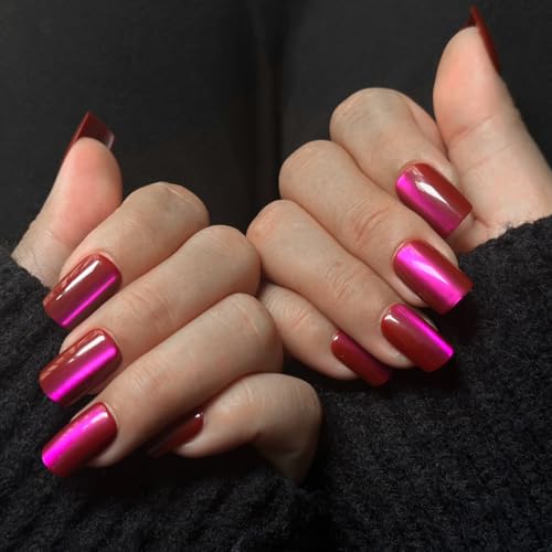 MouyouGlow Press on Nails Kurz,Square Einfarbig Cat Eye Lila Rot Magnetic Weihnachten Fake Nails mit Nagelkleber,Eckig Purple Red Phototherapy Christmas Künstliche Fingernägel von MouyouGlow