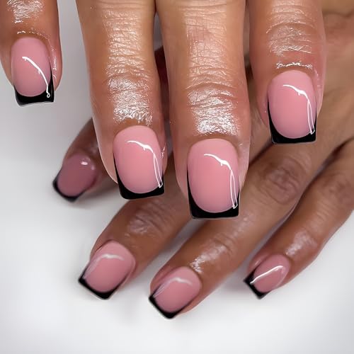 MouyouGlow Press on Nails Short Kurz,Square Rosa Base Schwarz French Fake Nails mit Nagelkleber,Black Tips Künstliche Fingernägel für Frauen & Mädchen von MouyouGlow