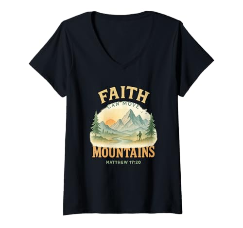 Damen Faith Can Move Mountains Matthew 17:20 Watercolor Scene T-Shirt mit V-Ausschnitt Damen Faith Can Move Mountains Matthew 17:20 Watercolor Scene T-Shirt mit V-Ausschnitt von Move Mountains Faith Co.