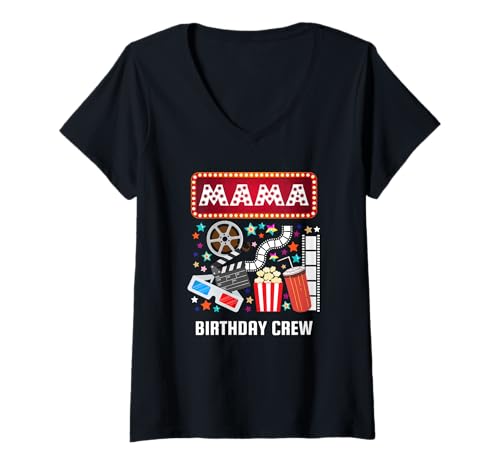 Damen Mama Movie Night Geburtstag Crew Party Popcorn Kino Lustig T-Shirt mit V-Ausschnitt von Movie Party Family Theme Funny