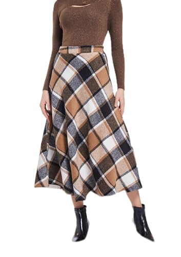 Damen Retro High Taille Rock Gitter Wollen Herbst und Winter Neu Plissierte Hohe Taille In Den Langen Rock großen Swing Rock A-Line (L, Khaki Plaid) von Moviendress