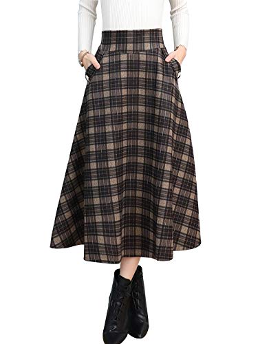 Damen Winterrock Lang Karierter Wolle Vintage Maxi Rock Wollrock Hohe Taille Langer Röcke Faltenrock Unterrock Schottenrock (M, Schwarz kariert) von Moviendress