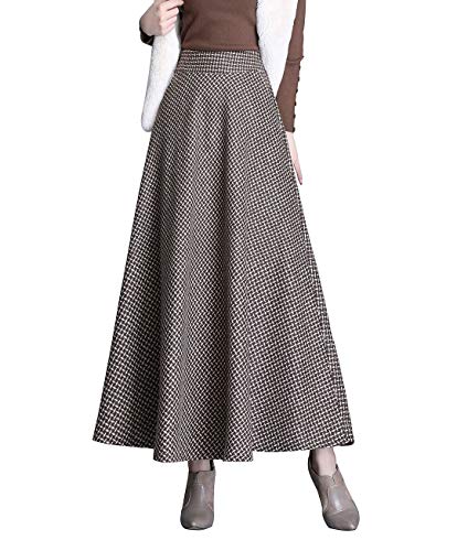 Damenrock für Winter Faltenrock Wolle Tartan Vintage Lang Rock A-Linie Damen Wollrock Elastische Hohe Taille Langer Unterrock Röcke Winterrock Kleider (2XL, Khaki) von Moviendress