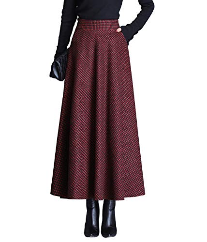 Damenrock für Winter Faltenrock Wolle Tartan Vintage Lang Rock A-Linie Damen Wollrock Elastische Hohe Taille Langer Unterrock Röcke Winterrock Kleider (2XL, Rotwein) von Moviendress