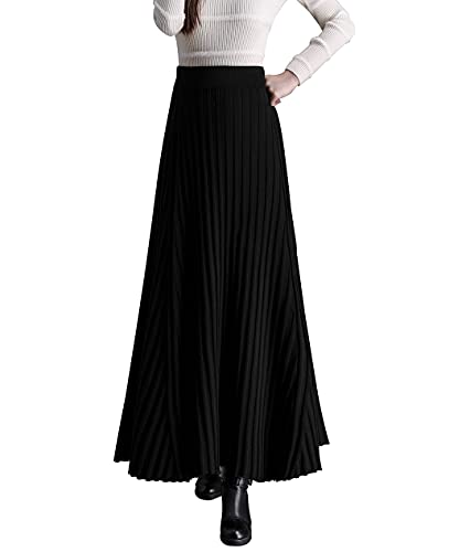 Moviendress Damen Winter Maxi Strickrock Glockenrock Elastische Hohe Taille Lang Kleider Faltenrock (L, Schwarz 1) von Moviendress