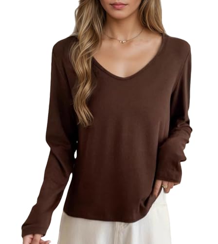 Langarmshirts für Damen V-Ausschnitt Braun T-Shirts Damen Basic Einfarbiges T-Shirt, Premium-Viskose-Stoff Weiches Atmungsaktives Bequemes T-Shirt Dehnbare Schichtoberteile 2025 von Movocaty