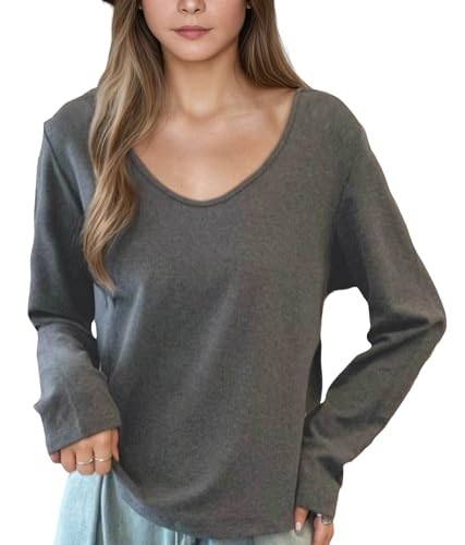 Langarmshirts für Damen V-Ausschnitt Grau T-Shirts Damen Basic Einfarbiges T-Shirt, Premium-Viskose-Stoff Weiches Atmungsaktives Bequemes T-Shirt Dehnbare Schichtoberteile 2025 von Movocaty