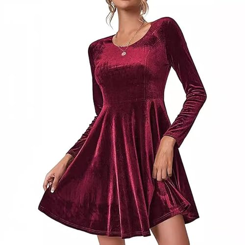 Movocaty Abendkleider Damen Samtkleid Elegant Cocktailkleid Damen Kleid Hochzeitsgast, Verspielter A-Linien-Rock Rundhals Partykleid Bodycon Festliches Ballkleid Weihnachtskleid Winerot Kleid von Movocaty