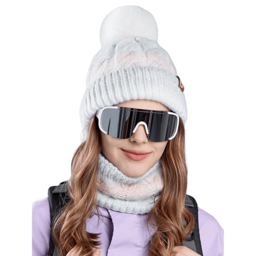 Movocaty Mütze Damen Wintermütze Mützenschal, Fleece gefüttertes Mützen und Schal set, Gemütliche Dicke Gradient Strickmütze und Schal für Kaltes Wetter, Stilvoll Morden Winterset Damen von Movocaty