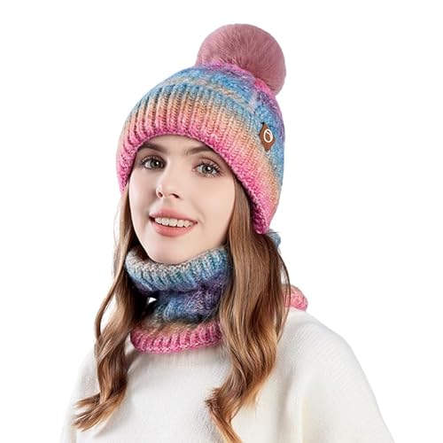Movocaty Mütze Damen Wintermütze Mützenschal, Fleece gefüttertes Mützen und Schal set, Gemütliche Dicke Gradient Strickmütze und Schal für Kaltes Wetter, Stilvoll Morden Winterset Damen von Movocaty