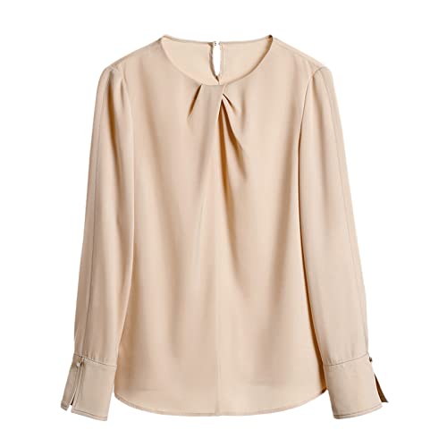 Champagner Chiffon Bluse Langarm O-Ausschnitt Frauen Shirt Chic Office Damen Elegant Tops Solide Blusa Plus Size, champagnerfarben, Large von Mowaaey