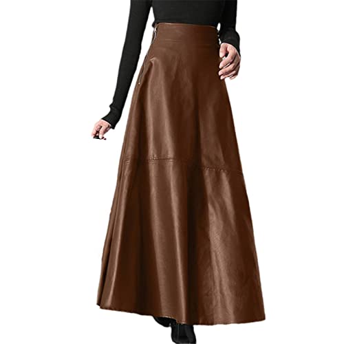 Frauen Elegant Solide Röcke Mode PU Leder Rock Büro Lady Zipper Langer Rock Elegant Party A Linie Bottom Oversize, khaki, 36 von Mowaaey