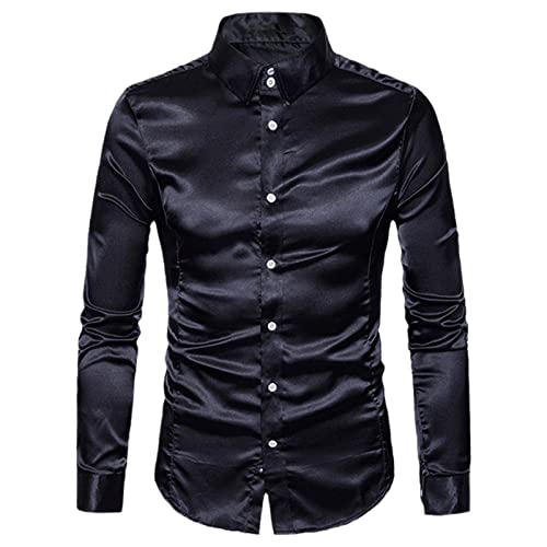 Herren Seidenhemd Langarm Revers Einreiher Schwarz Gold Satin Casual Slim Fit Social Formal Männer Kleidung, Schwarz , XL von Mowaaey