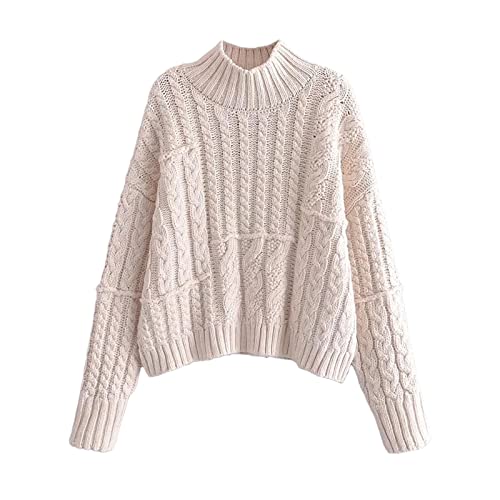 Mowaaey Damenmode Lose Zopfstrickpullover Vintage High Neck Langarm Female Pullover Chic Tops, siehe abbildung, S von Mowaaey