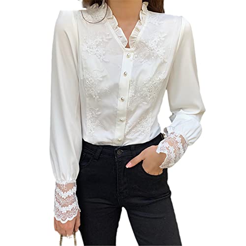 Mowaaey Jacquard Weiße Shirts Damen Rüschen V-Ausschnitt Frühling Herbst Stickerei Spitze Langarm Top Frauen Bluse Plus Size, weiß, Small von Mowaaey