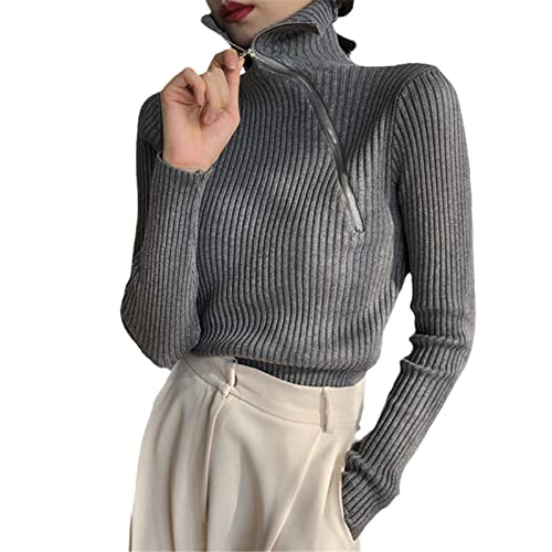 Mowaaey Modischer, schmaler Rollkragen-Reißverschluss, Damen-Strickpullover, Herbst, Winter, volle Ärmel, gedehnt, weiblicher Pullover, grau, One size von Mowaaey