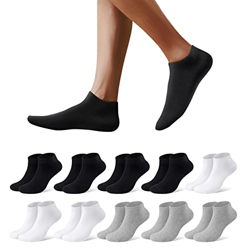 Mowenti Sneaker Socken Damen 35-38 Herrensocken Sportsocken Baumwollsocken Kurze Socks Arbeitssocken Laufsocken Atmungsaktive Quarter Halbsocken 10 Paar Schwarz Weiß Grau von Mowenti