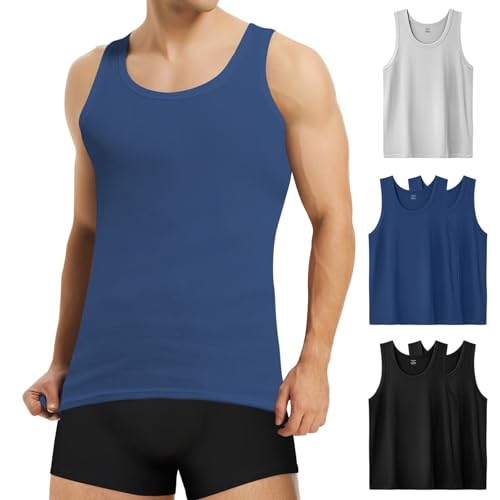 Mowenti 5er Pack Unterhemd Herren 100% Baumwolle, Tank Top Herren Mehrfarbig, Unterhemden Feinripp, Muskelshirts Sport Men, Schwarz Marineblau Grau Größe M von Mowenti