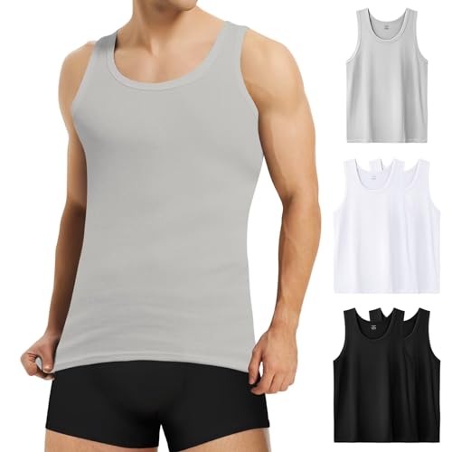 Mowenti Unterhemd Herren 5er Pack, 100% Baumwolle Tank Top Herren, Männer Muskelshirts Gekämmte Feinripp, Weiß Schwarz Grau XL von Mowenti