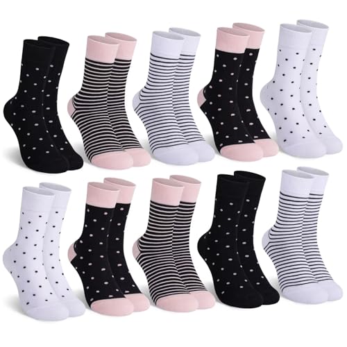 Mowenti socken damen 35-38 sportsocken strümpfe socks Damensocken bunte schwarz Streifen Punkte baumwollsocken 10 Paar 2x Weiß 2x Pink 1x Schwarz von Mowenti