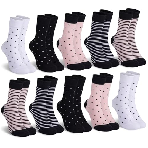 Mowenti socken damen 39-42 sportsocken strümpfe socks Damensocken bunte schwarz Streifen Punkte baumwollsocken 10 Paar 1x Weiß 2x Pink 2x Schwarz von Mowenti