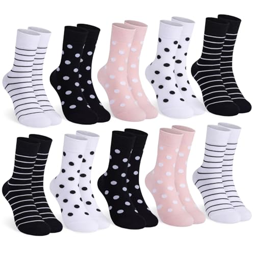 Mowenti socken damen 39-42 sportsocken strümpfe socks Damensocken bunte schwarz Streifen Punkte baumwollsocken 10 Paar 2x Weiß 1x Pink 2x Schwarz von Mowenti