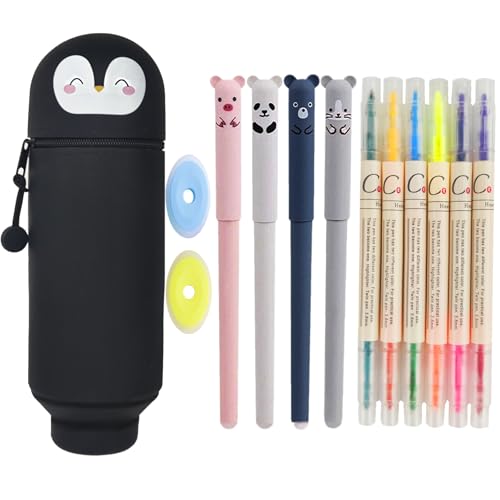 Mowtential 13 PCS Federmäppchen 2-in-1 aus Weichem Silikon Set, Tragbares Federmäppchen mit Trageband, Unisex Stiftehalter, Rundes und Süßes Aussehen, EIN Lustiger Begleiter im Klassenzimmer(Pinguin) von Mowtential