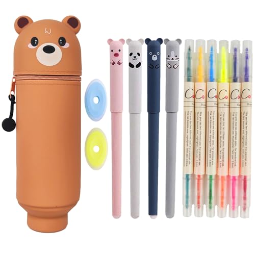 Mowtential 13 PCS Federmäppchen 2-in-1 aus Weichem Silikon Set, Tragbares Federmäppchen mit Umhängeband, Wasserdicht, leicht zu Reinigen, Kann Aufrecht Stehen, Geschenk zum Schulanfang (Bär) von Mowtential