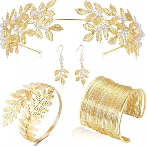 Moxiewell 4 Stück Griechische Göttin Kostüm Schmuck Set, Lorbeerkranz Haarreif Kopfschmuck Gold Set, Goldene Krone Stirnband Blatt Spule Oberarmreif Armband Ohrringe Metall Haarschmuck Accessoires von Moxiewell