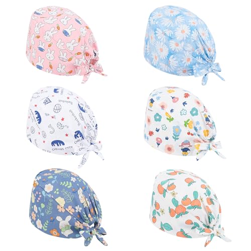 Moxiewell 6 Stück OP Haube mit Schnüren, Schrubben Kappe Bedruckte Hut mit Knopf und Baumwolle Schweißband Verstellbare Füllig Haarabdeckung Unisex Doktor Kappe von Moxiewell