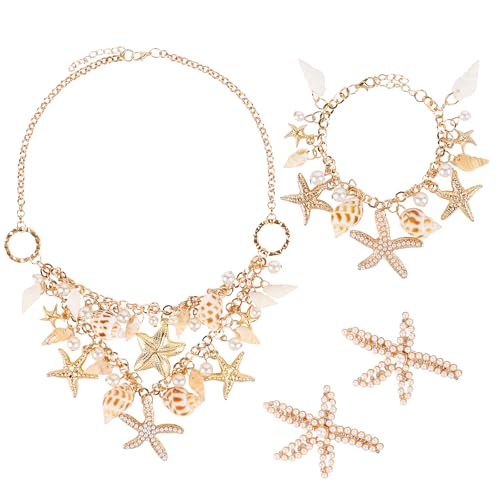 Moxiewell Muschelkette Armband Set, Frauen Meerjungfrau Kostüm Schmuck Set, Halskette Strandverzierungen Hawaiianische Muschelkette Ozeanhalsketten Muschelchoker von Moxiewell