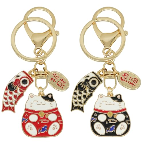 Moydolo 2Pcs Glückskatze Schlüsselanhänger mit Fisch japanische Beckoning Glück Fengshui Keychain für Reichtum Glück von Moydolo
